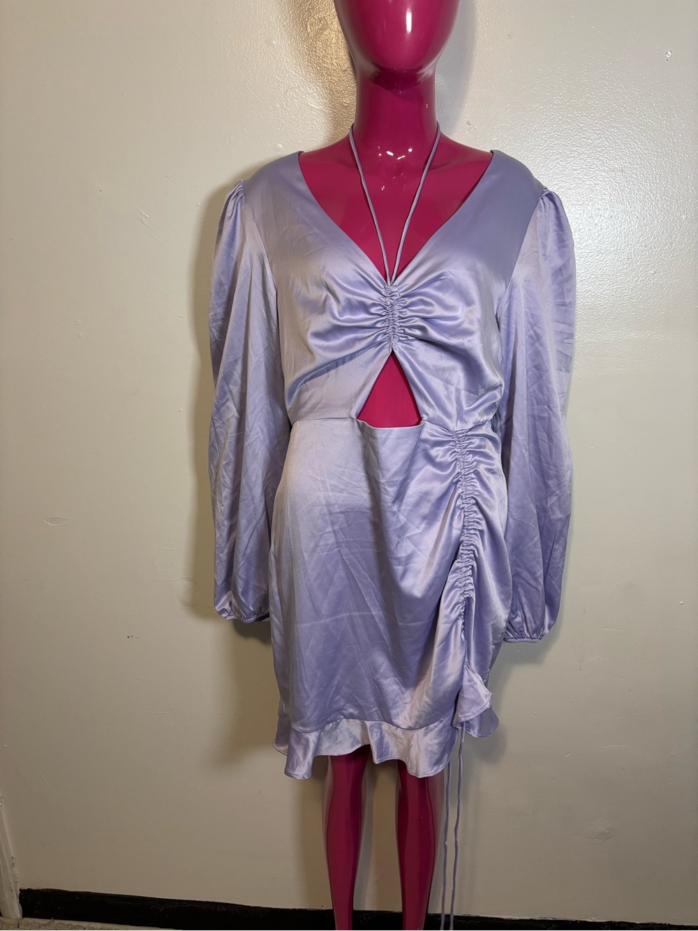 Fashion Nova Lavender Satin Ruched Cutout Mini Dress